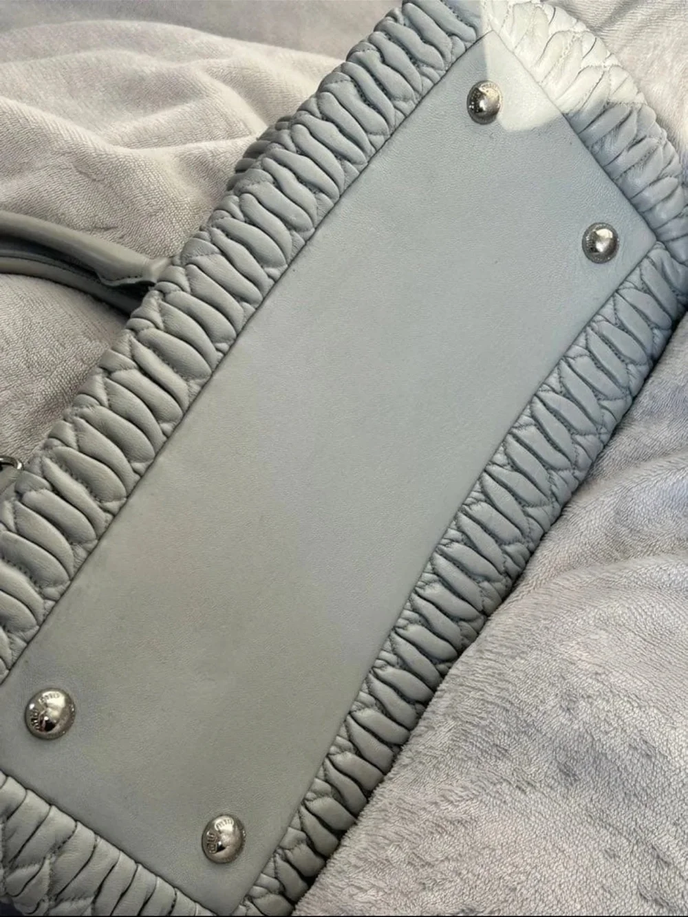 Miu Miu Quilted Gray Ruched Leather Satchel with Crystal Chain